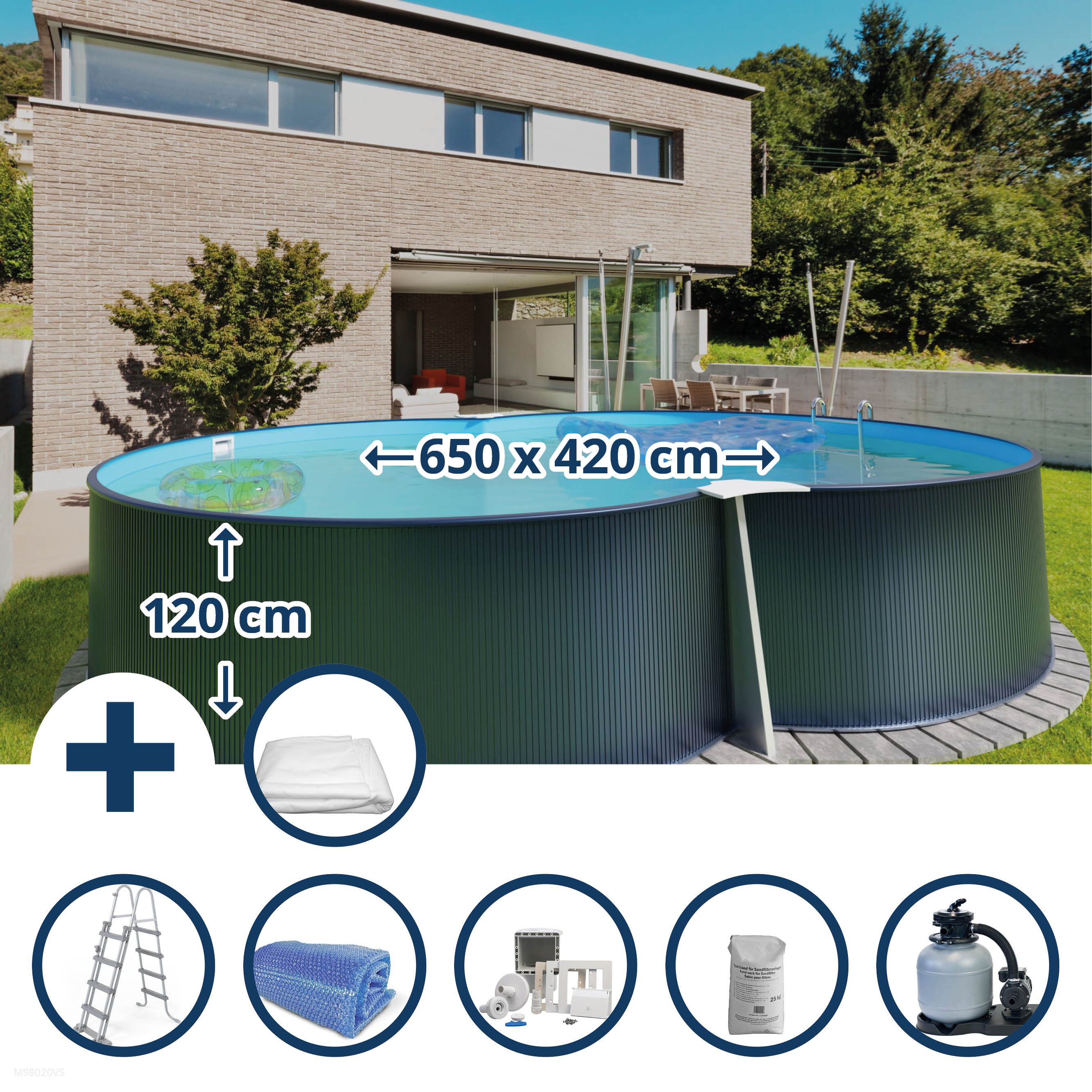 Stahlwandpool Set (7-teilig) hoch achtform 650x420x120 cm, Stahl 0,4 mm anthrazit Folie 0,4 mm blau Stahlwandpool Set (7-teilig) hoch achtform 650x420x120 cm, Stahl 0,4 mm anthrazit Folie 0,4 mm blau